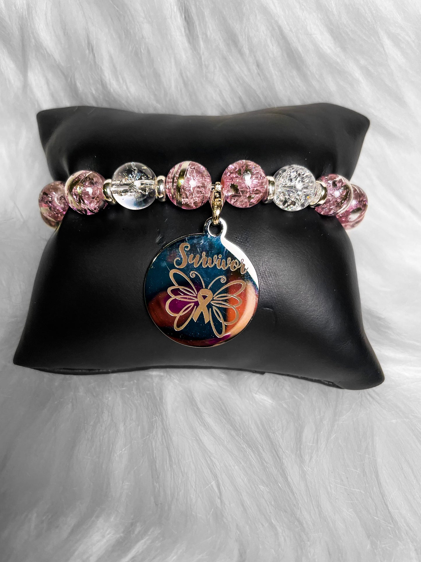 Survivor Light Pink/Clear Glass Bracelet W/Charm